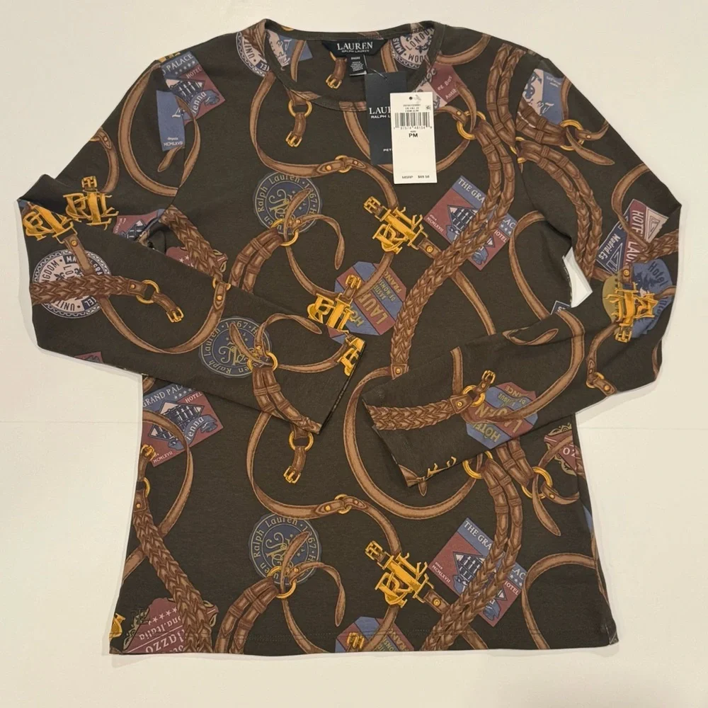 NWT LAUREN RALPH LAUREN Belting-Print Long-Sleeve Cotton Tee Size PM - Picture 13 of 13